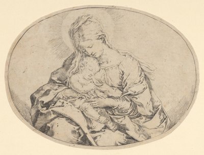 Jungfrun som håller spädbarnet Kristus, en oval komposition, ca. 1600-1640. av Guido Reni