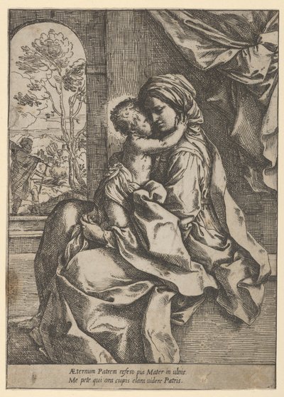 Jungfrun satt med Kristusbarnet i hennes knä och omfamnade henne, Josef såg..., ca. 1600-1613. av Guido Reni