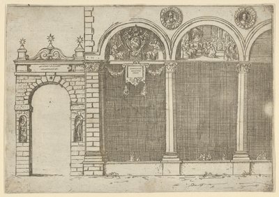 Arkaden i ärkebiskopens palats av Bologna med tillfälliga dekorationer för e..., 1598. av Guido Reni