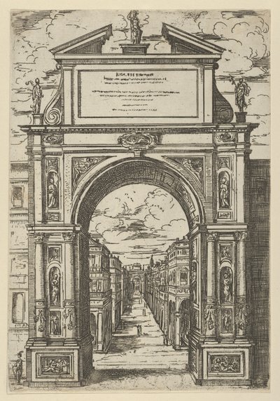Triumfbåge överträffad av en staty som föreställer staden Bologna, byggnader sedda från..., 1598. av Guido Reni
