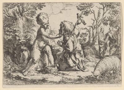 Den unge helige Johannes döparen knäböjer inför spädbarnet Kristus som smeker sin f..., ca. 1600-1640. av Guido Reni