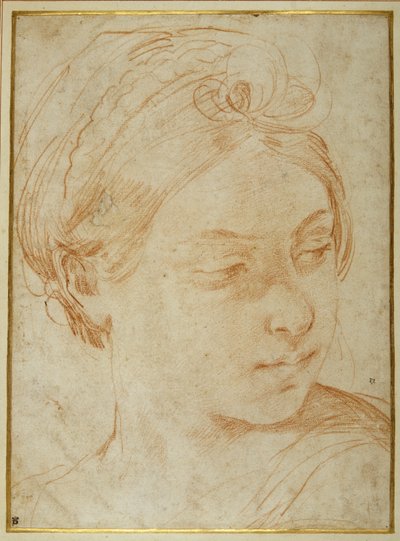 Ung kvinnas huvud, vände sig för att titta över hennes vänstra axel (röd krita på vitt papper) av Guido Reni