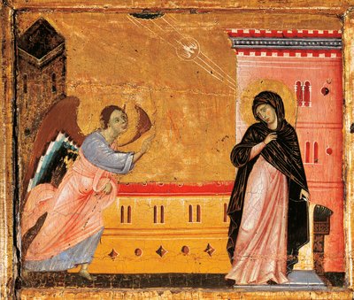Annunciation, detalj från Antependium of St Peter Enthroned by Guido da Siena (cirka 1250 -1300), tempera och guld på trä av Guido da Siena