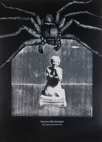 Om avfällingar,Så talade Zarathustra, 2025 (träsnitt och silkscreen) av Guilherme Pontes