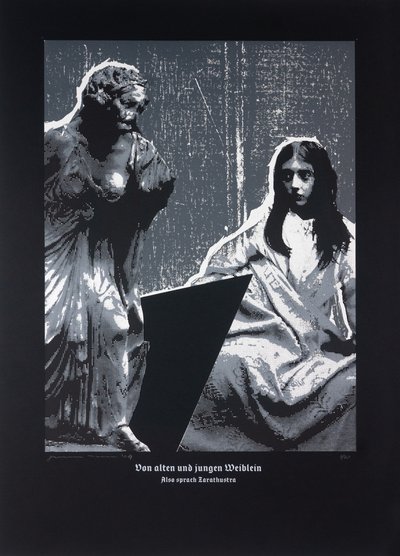 Om små gamla och unga kvinnor, Så talade Zarathustra, 2024 (träsnitt och silkscreen) av Guilherme Pontes