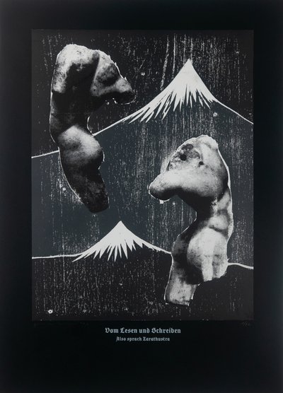 On Reading And Writing (Black), Så talade Zarathustra, 2023 (träsnitt och silkscreen) av Guilherme Pontes