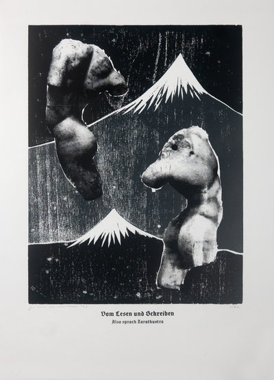 On Reading And Writing (White), Så talade Zarathustra, 2023 (träsnitt och silkscreen) av Guilherme Pontes
