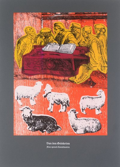 On Scholars,Så talade Zarathustra, 2025 (träsnitt och silkscreen) av Guilherme Pontes
