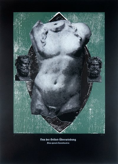 Om att övervinna sig själv, Så talade Zarathustra, 2024 (träsnitt och silkscreen) av Guilherme Pontes