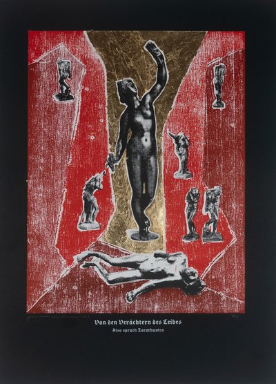 On The Despisers Of The Body, Så talade Zarathustra, 2023 (träsnitt och silkscreen) av Guilherme Pontes