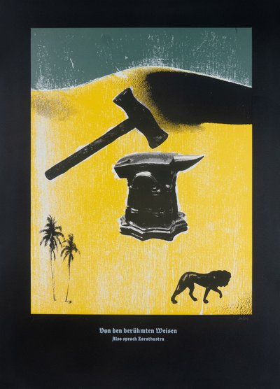 On The Famous Wise Men, Thus Spoke Zarathustra, 2024 (träsnitt och silkscreen) av Guilherme Pontes