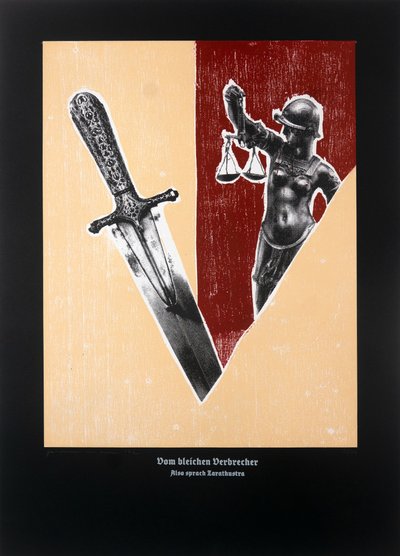På den bleka brottslingen,Så talade Zarathustra, 2023 (träsnitt och silkscreen) av Guilherme Pontes