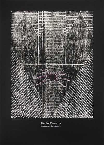 On The Tarantula, Så talade Zarathustra, 2024 (träsnitt och silkscreen) av Guilherme Pontes