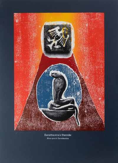 Prolog, Thus Spoke Zarathustra, 2022 (träsnitt och silkscreen) av Guilherme Pontes