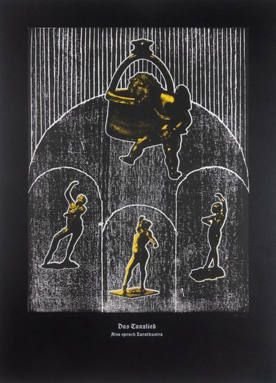 The Dancing Song, Så talade Zarathustra, 2024 (träsnitt och silkscreen) av Guilherme Pontes