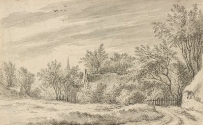 Byväg med kyrkspira i fjärran av Guillam Dubois