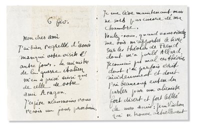 Autografbrev undertecknat till Andre Breton, 6 februari 1918 av Guillaume Apollinaire
