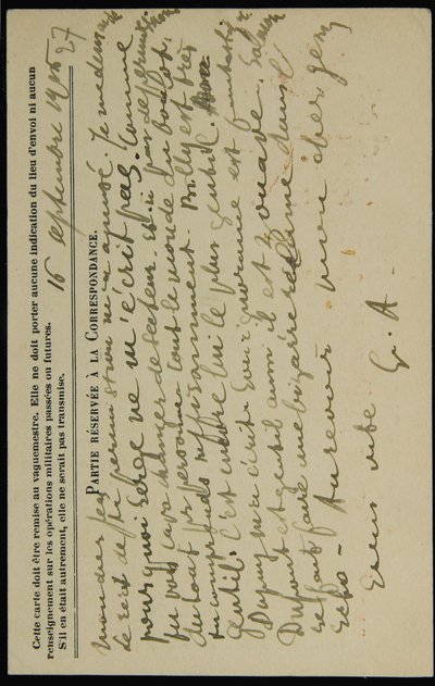 Autografvykort till Jean Mollet, daterat 16 september 1915 av Guillaume Apollinaire