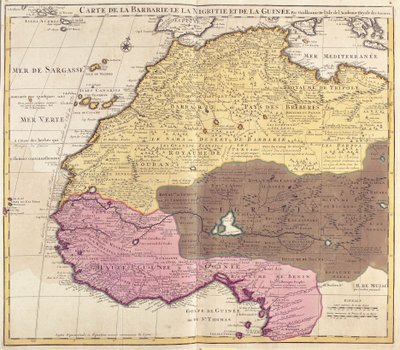 Karta över Barbary (Marocko, Algeriet, Tunisien, Libyen), Negritude (Mali, Burkina Faso, Niger) och Guinea (Senegal, Guinea, Sierra Leone, Liberia, Elfenbenskusten, Ghana, Togo, Benin, Nigeria) (etsning av Guillaume Delisle