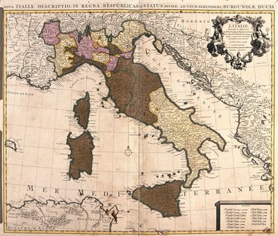 Karta över Italien, med Korsika, Sardinien och Sicilien (etsning av Guillaume Delisle
