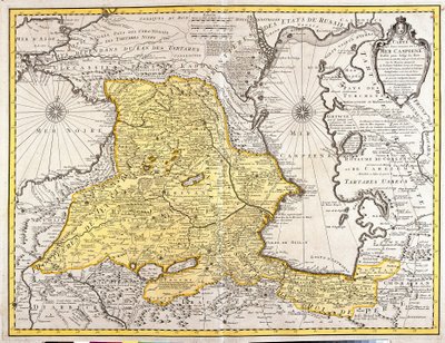 Karta över grannländerna i Kaspiska havet (Ryssland, Armenien, Persien, Kazakstan, Turkmenistan) (etsning av Guillaume Delisle