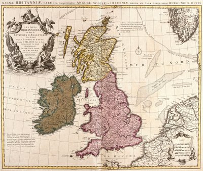 Karta över de brittiska öarna, kungadömena England, Skottland och Irland (etsning av Guillaume Delisle