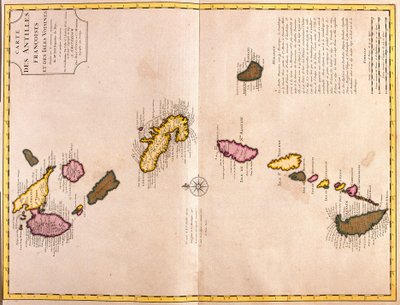 Kartor över de karibiska öarna (Guadeloupe, Marie Galante, Dominica, Martinique, Saint Lucia, Saint Vincent, Barbados, Grenadinerna och Grenada) (etsning av Guillaume Delisle