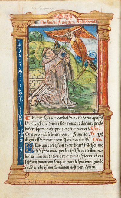 Tryckt timbok (Roms bruk): fol. 106v, S:t Franciskus av Assisi av Guillaume Le Rouge
