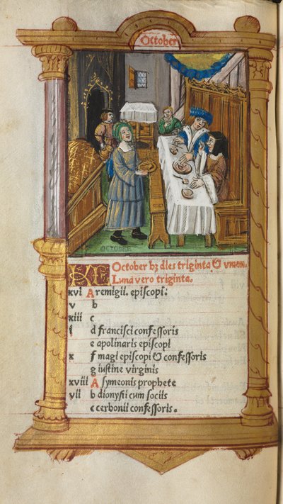 Tryckt timbok (användning av Rom): fol. 11v, kalenderblad för oktober av Guillaume Le Rouge