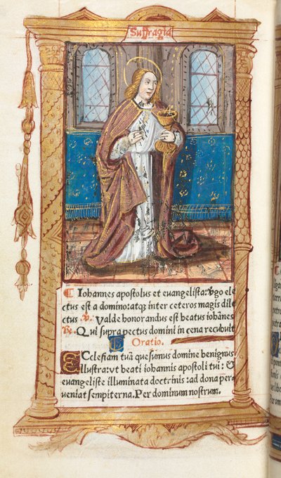 Tryckt timbok (användning i Rom): fol. 98v, Johannes evangelisten av Guillaume Le Rouge