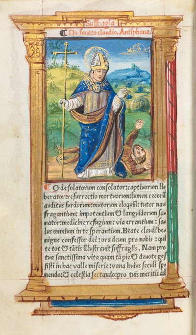 Tryckt timbok Användning av Rom: fol. 105v, St. Claude som biskop, 1510. av Guillaume Le Rouge