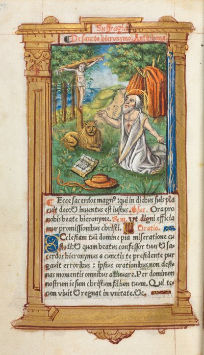 Tryckt timbok Användning av Rom: fol. 107v, S:t Hieronymus och lejonet, 1510. av Guillaume Le Rouge