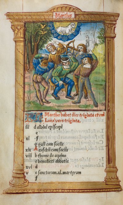 Tryckt timbok Användning av Rom: fol. 4v, mars kalenderillustration, 1510. av Guillaume Le Rouge