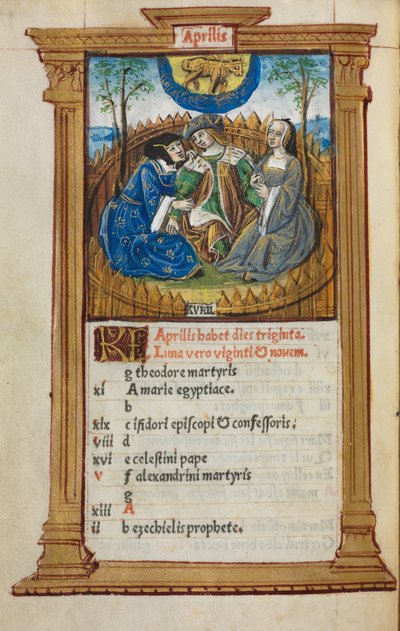 Tryckt timbok Användning av Rom: fol. 5v, aprilkalenderillustration, 1510. av Guillaume Le Rouge