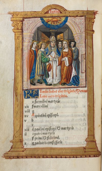 Tryckt timbok Användning av Rom: fol. 7v, junikalenderillustration, 1510. av Guillaume Le Rouge