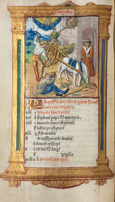 Tryckt timbok Användning av Rom: fol. 9v, augusti kalenderillustration, 1510. av Guillaume Le Rouge