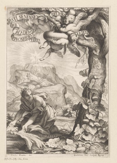 Allegorisk representation av en hyllad kvinna som vattnar ett kalebastträd; i bakgrundsfigurerna bestiger ett berg Titelsida för: Giovanni Baptista Ferrari, Fasti Senenses, Ab Academia Intronatorum Editi, 1661 av Guillaume Vallet