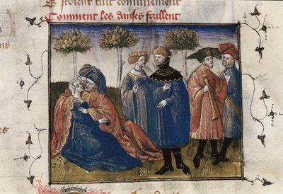 En galant scen av hovmän, miniatyr i "Roman de la Rose" av Guillaume Lorris av Guillaume de Lorris