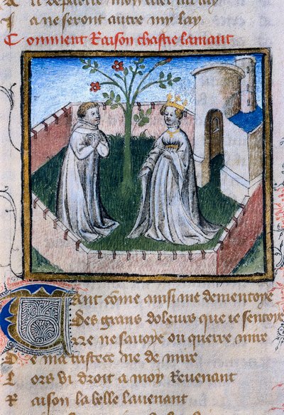 Representation av ett par älskare nära en ros, miniatyr i "Roman de la Rose" av Guillaume de Lorris