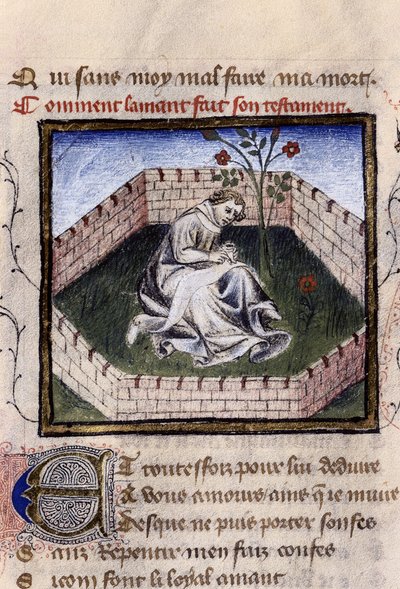 Representation av en förälskad ung pojke i njutningens trädgård som upptäcker fontänen Narcissus, miniatyr i "Roman de la Rose" av Guillaume Lorris av Guillaume de Lorris
