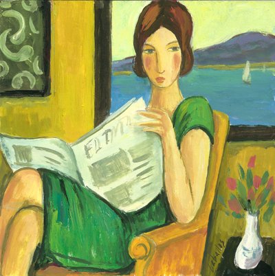 Flicka som läser tidningen, 2013 (gouache på papper) av Guillermo Martí Ceballos