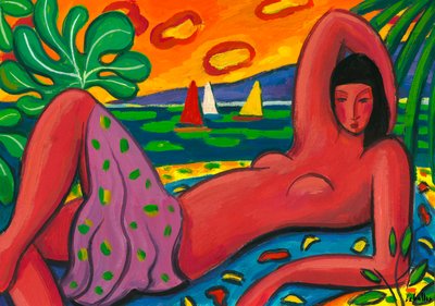 Naken på stranden, 2011 (gouache på papper) av Guillermo Martí Ceballos