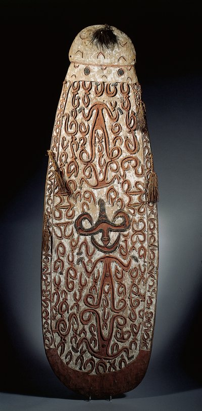 Oval Asmat-sköld, snidad i relief med rullande ornament som innehåller mycket stiliserade figurer, flätade tofsar till bården (trä, raffia och fjädrar) av Guinean New