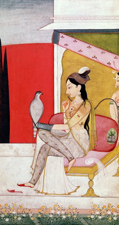 Lady with Hawk, Pahari Style, Punjab Hills, c.1750 (rangi kwenye karatasi)swed av Guler School