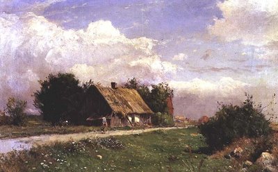 Ett skogslandskap med figurer vid en stuga av Gustaf Fredrik Rydberg