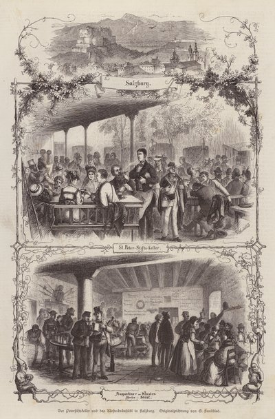 Peterstiftkeller och Klosterbraustuben, ölhallar i Salzburg, Österrike (gravyr) av Gustav (after) Sundblad