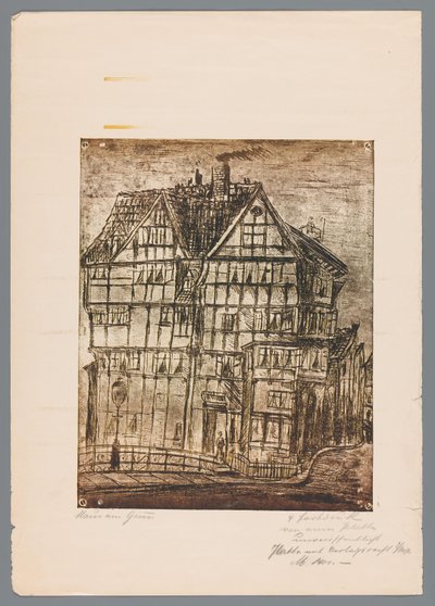 Reproduktion av ett tryck eller teckning med utsikt över ett gammalt hus, möjligen i Greiz i Tyskland av Gustav Digel (signed by artist)