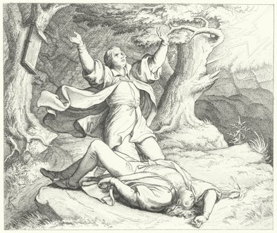Alexis, vän till Martin Luther, efter att han träffades av blixten under deras resor, 1505 av Gustav Ferdinand Leopold Konig