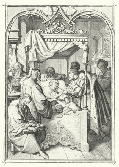 John, kurfurst av Sachsen, besöker Martin Luther på sjukhuset (gravyr) av Gustav Ferdinand Leopold Konig