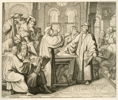 Luther och Ulrich Zwingli (1494-1531) diskuterar om sakramentet och de har ingen överenskommelse, i Marburg 1529 av Gustav Ferdinand Leopold Konig